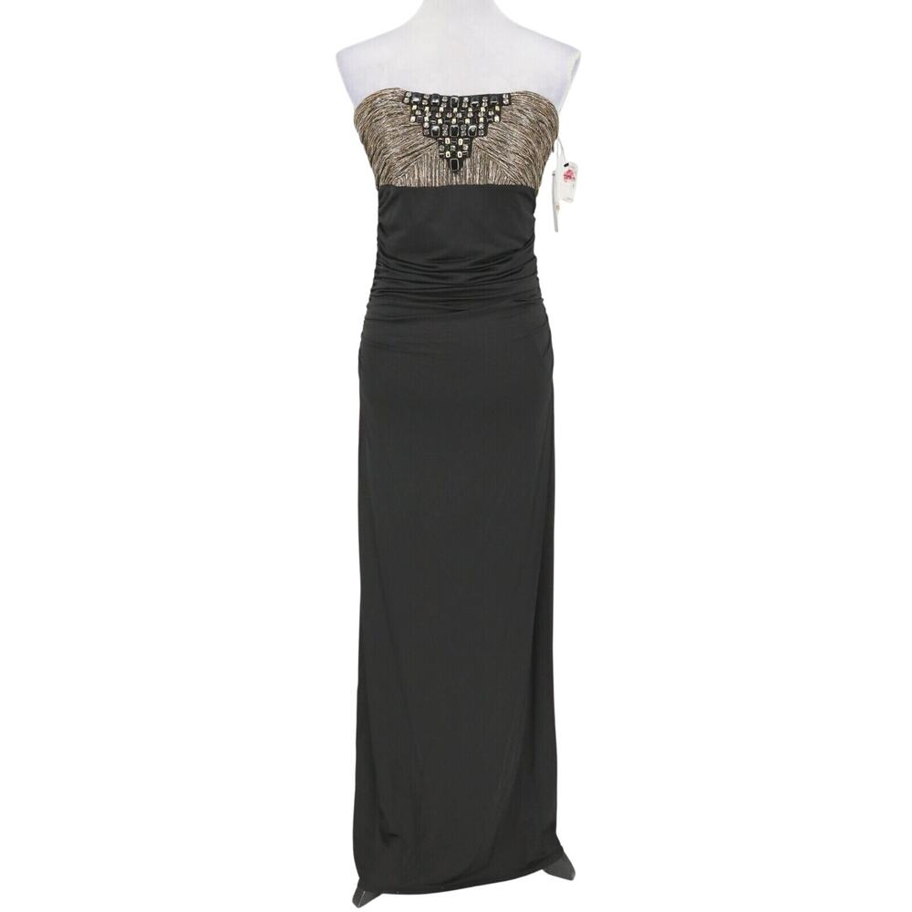 Laundry Shelli Segal Gown Womens 6 Black Ruched Gold Metallic Beaded Dress New